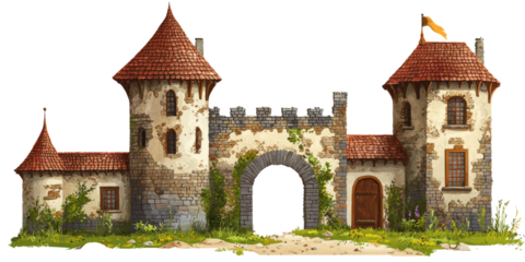 Medieval European fortress gatehouse with stone walls, isolated on white