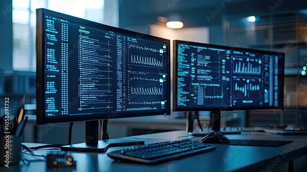 Poster Dual monitors displaying complex data and analytics in a modern workspace.