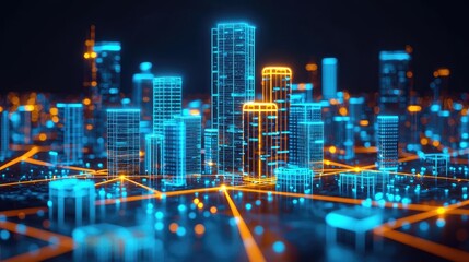 Obraz premium Futuristic city skyline with glowing skyscrapers and digital effects, dark background.