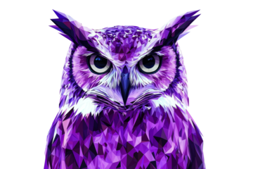 Minimalist low poly owl portrait with glowing purple geometric accents, isolated on white