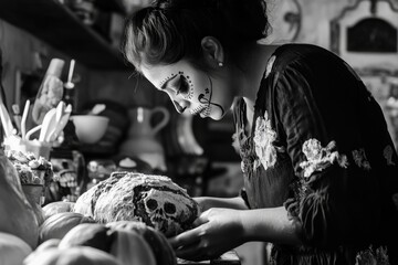 A woman baking pumpkins in a kitchen, likely preparing for Halloween. Traditional cooking practices are evident with the flour and autumn ingredients.