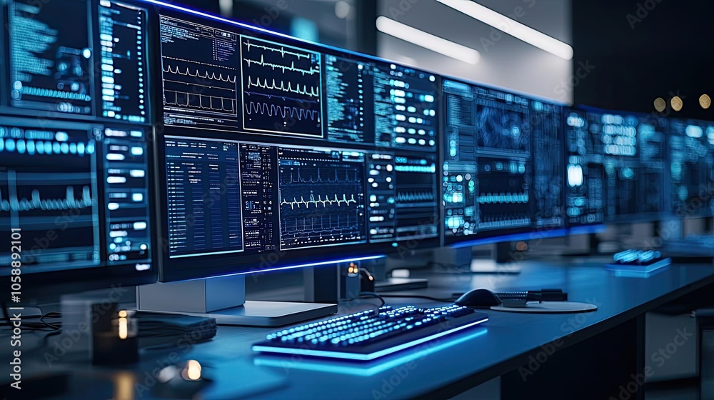 Aufkleber High-tech workstation with multiple monitors displaying data and analytics.