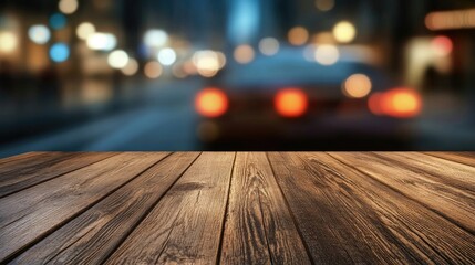 Wood table positioned in an acceleration lane with a blurred car driving rapidly in the background, ideal for product design presentations and advertising displays with ample copy space.
