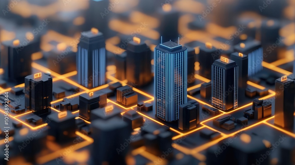 Poster aerial view of a futuristic city with illuminated grid and tall buildings
