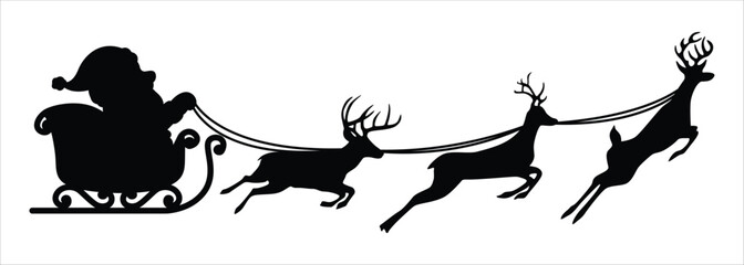 Vector Christmas black and white illustration with Santa Claus riding his sleigh pulled by reindeers. Perfect for Logo, Design, and More.