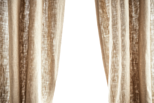 Beige linen curtains opening symmetrically,  bright white background.