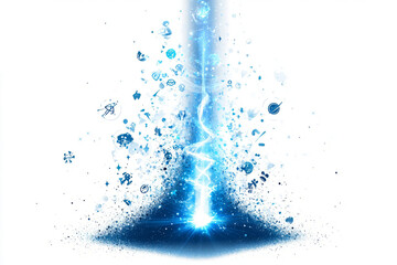 Spell-casting beam of magic light shooting upward,  on a white background