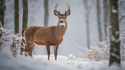 Fototapeta premium A serene image of winter wildlife such as a deer in a snowy forest.
