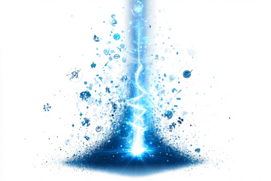 Spell-casting beam of magic light shooting upward,  on a white background