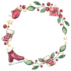 Watercolor illustration. Xmas laurel wreath. Perfect for invitations, greeting cards, blogs, posters and more. Merry christmas and happy new year