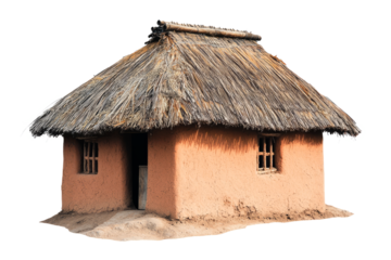 Traditional African mud hut with thatched roof, placed on white backdrop