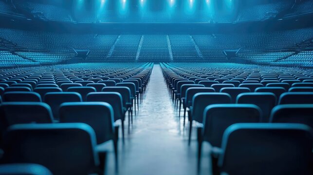Empty concert hall with rows of blue seats and spotlighted stage.
