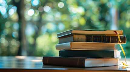 Soft focus on a pile of textbooks in the corner