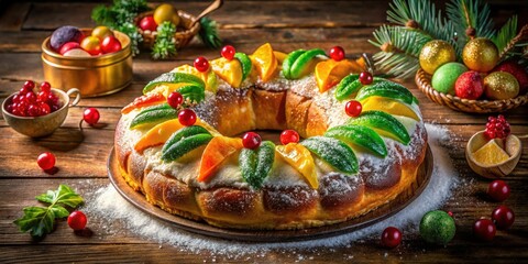 Traditional King's Cake with Colorful Fruits and Tiny Figurines for Epiphany Celebrations in Vibrant Tones | Festive Dessert Photography