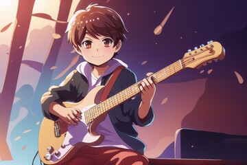 Obraz premium Young boy playing guitar outdoors, embodying joy and passion for music in a vibrant setting 