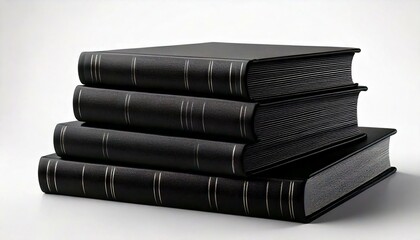 A stack or pile of black books and paper isolated centrally with plain white background. Graphic design resource with copy space and no people. Gothic theme with dark paper and silver lines