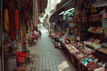 A lively marketplace teems with vibrant colors, bustling with activity, showcasing an array of traditional goods and crafts along narrow, bustling alleys.