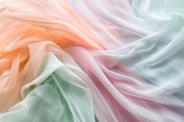 Obraz premium Layers of pastel fabric intertwine gracefully, combining hues of peach, pink, and blue to create a dreamlike scene of softness and elegance.