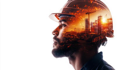 A dynamic double exposure of a construction worker with machinery and tools, representing the dedication and skill of the industry