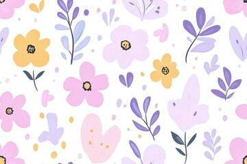 Playful floral pattern with purple, pink, and yellow flowers on a white background, perfect for spring-themed or nature-inspired designs.