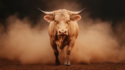 Aggressive Bull Charging Through Dusty Environment