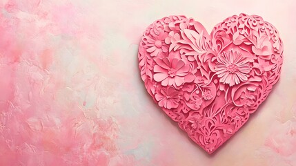 Obraz premium A pink heart made of paper cutouts, intricately designed with delicate floral patterns and lace work, set against an isolated pastel background