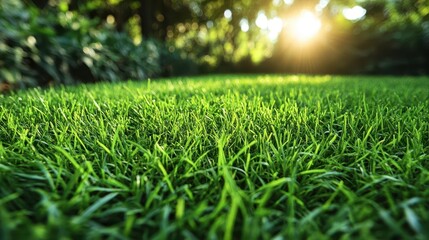 Naklejka premium natural grass field shines under soft sunlight, creating a serene outdoor wallpaper, lush and vibrant green, perfect for conveying tranquility and the beauty of the outdoors