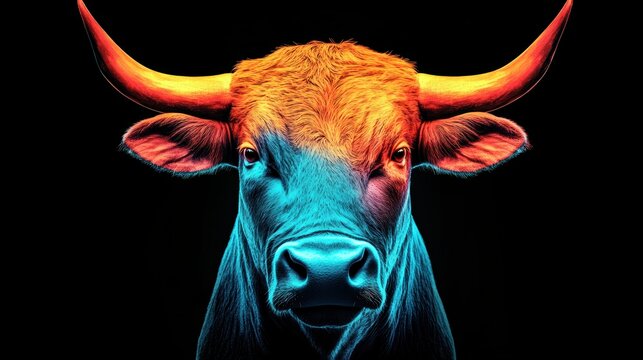 Colorful Charging Bull with Flared Nostrils and Tense Muscles