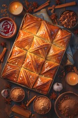 Poster Product Baklava with Cinnamon and Star Anise. Illustration background for presentation 