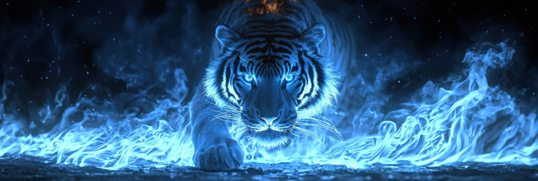 majestic tiger with glowing blue stripes prowls through mystical flames, exuding power and grace in captivating display of nature beauty