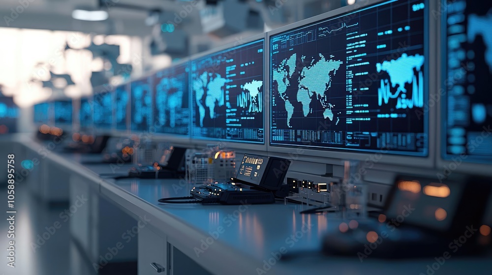 Poster High-tech command center with multiple monitors displaying global data.
