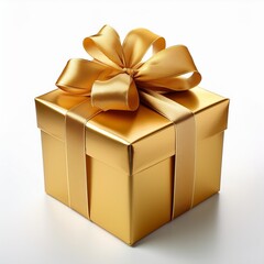 large gold color box with a gift tied with a ribbon and bow isolated on a white background