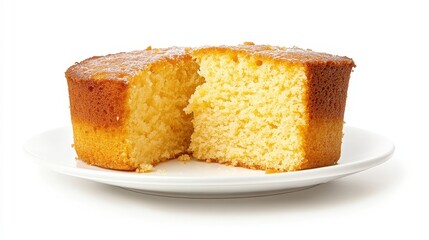 Delicious homemade vanilla cake on white plate with a slice missing