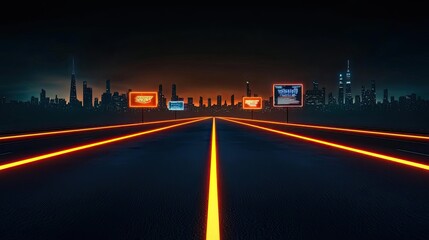 Obraz premium Futuristic road with glowing orange lines and city skyline at night.