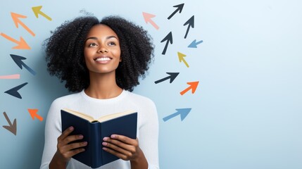 A smiling woman considers her future pathways while reading a book surrounded by colorful arrows