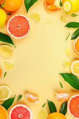 Vertical Creative background made of summer tropical fruits with leaves, grapefruit, orange, tangerine, lemon.