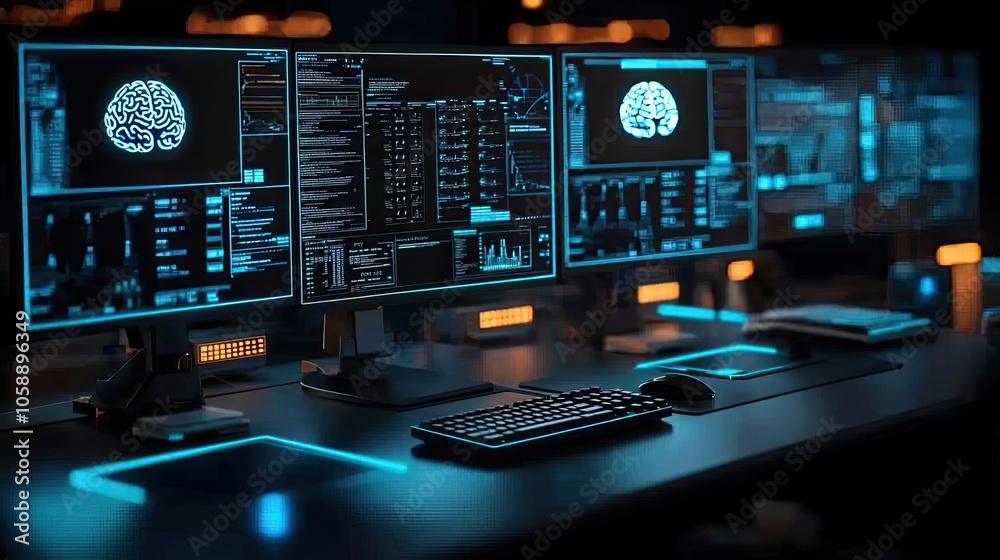 Aufkleber Futuristic workspace with multiple glowing monitors displaying data and brain visuals.