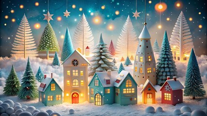 A whimsical winter village scene with snow-dusted houses and twinkling lights, creating a warm and inviting festive atmosphere.