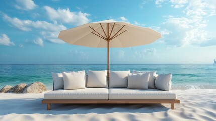 Obraz premium Sofa and umbrella on sand beach with sea and sky background. summer vacation concept.