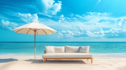 Obraz premium Sofa and umbrella on sand beach with sea and sky background. summer vacation concept.