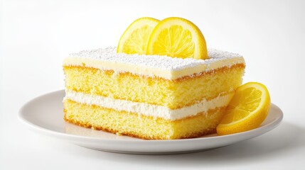Delicious lemon cake slice with powdered sugar and fresh lemons on a white plate