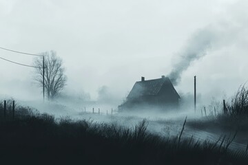 A Foggy Countryside Scene with a Small House and Smoke Rising from its Chimney