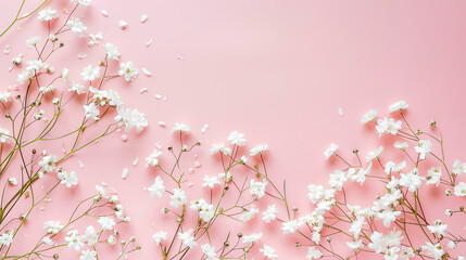Fototapeta premium Small white flowers on a pastel pink background. Happy Women's Day, Wedding, Mother's Day, Easter, Valentine's Day. Flat lay, top view, copy space.