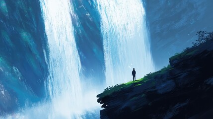 A Solitary Figure Gazing at a Majestic Waterfall