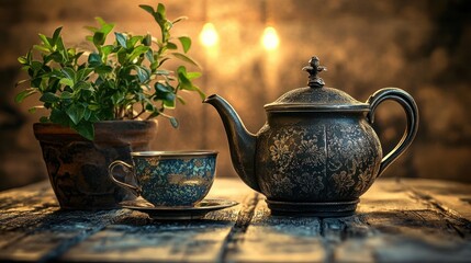 Vintage Teapot and Cup on Wooden Table