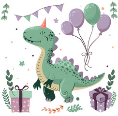 A colorful green painted dinosaur joyfully holding a bunch of brightly colored balloons along with a beautifully packaged gift box