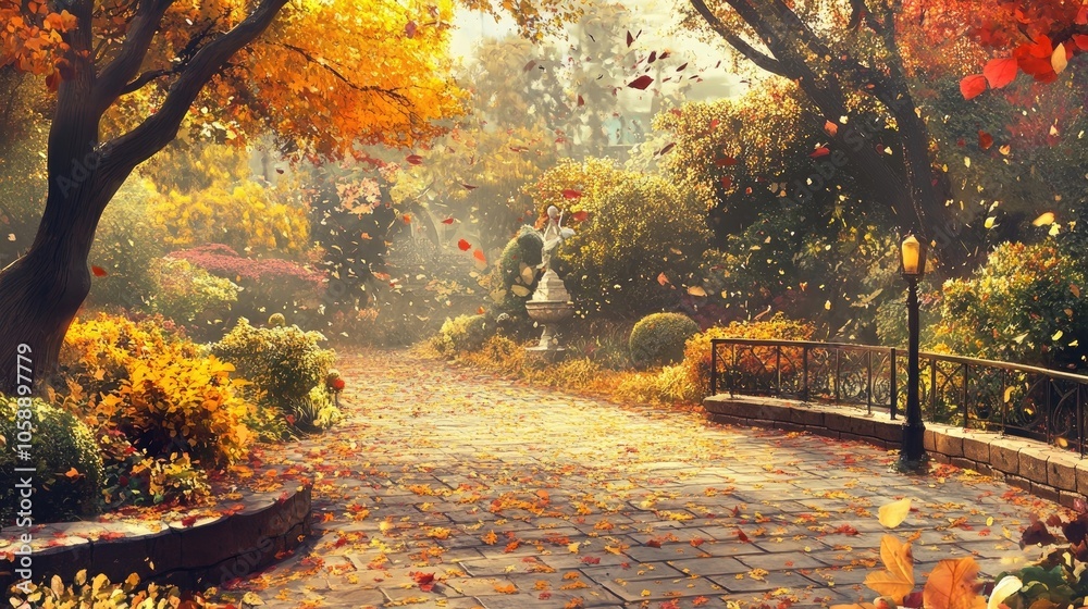 Wall mural Vibrant autumn park captures the beauty of falling leaves, creating a stunning scene. The vibrant autumn park offers a picturesque view filled with colorful foliage and serene surroundings.