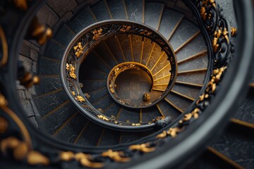 Obraz premium Spiral staircase with elegant curves and metal accents, showcasing intricate architectural details in a historic building.