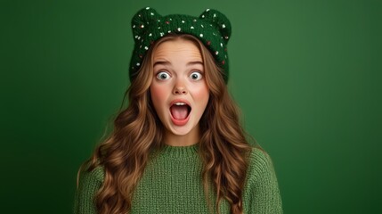 Surprised girl in a festive holiday hat during the Christmas season against a vibrant green backdrop