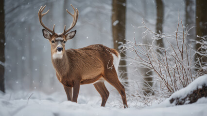 Obraz premium A serene image of winter wildlife such as a deer in a snowy forest.